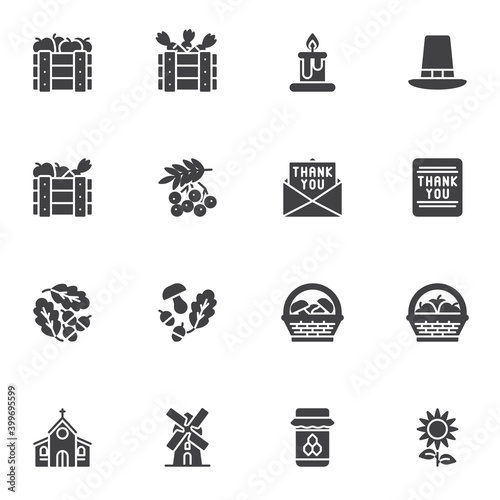 Thanksgiving day related vector icons set, modern solid symbol collection, filled style pictogram pack. Signs, logo illustration. Set includes icons as harvest fruit and vegetable, pilgrim hat, acorn