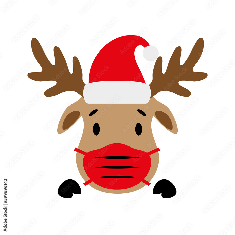 Cute red-nosed reindeer with Santa hat and face mask . Deer face. Vector illustration Cute red-nosed reindeer with Santa hat and face mask . Deer face. Vector illustration