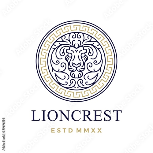 Leinwand Poster lion round seal crest outline monoline logo vector icon illustration