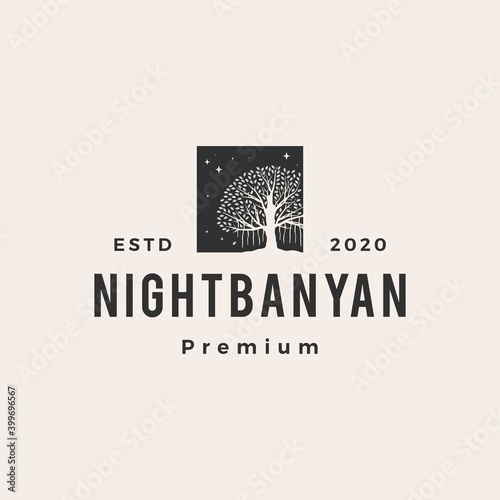 Canvastavla night banyan tree hipster vintage logo vector icon illustration