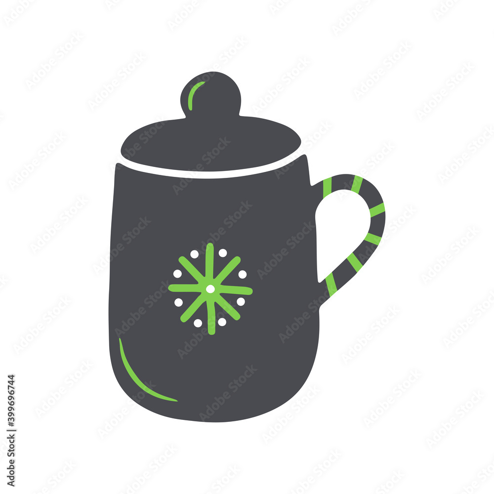 Hand drawn mug with lid for hot drinks isolated on a white background. Illustration in a simple flat style. It can be used for decoration of textile, paper and other surfaces. Hand drawn mug with lid for hot drinks isolated on a white background. Illustration in a simple flat style. It can be used for decoration of textile, paper and other surfaces.