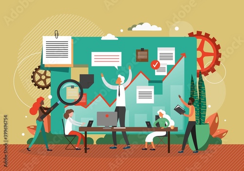 Fototapeta Naklejka Na Ścianę i Meble -  Business meeting with company CEO, concept flat vector illustration. Team work on finance and business strategy. Financial charts and data analytics dashboard. People in office