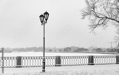 Snow-covered embankment in the city of Vyborg, Russia. photo