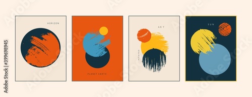 Set of modern, minimal, colorful posters, cards, brochures, covers. Simple geometric shapes with grunge texture. Primitive style. Space, planet, sunnn concept.
