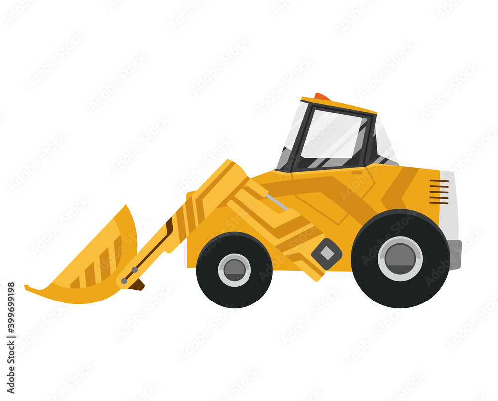 Bulldozer quarry machine. Stone wheel yellow digger. Backhoe front loader truck. Work tractor excavator. illustration.