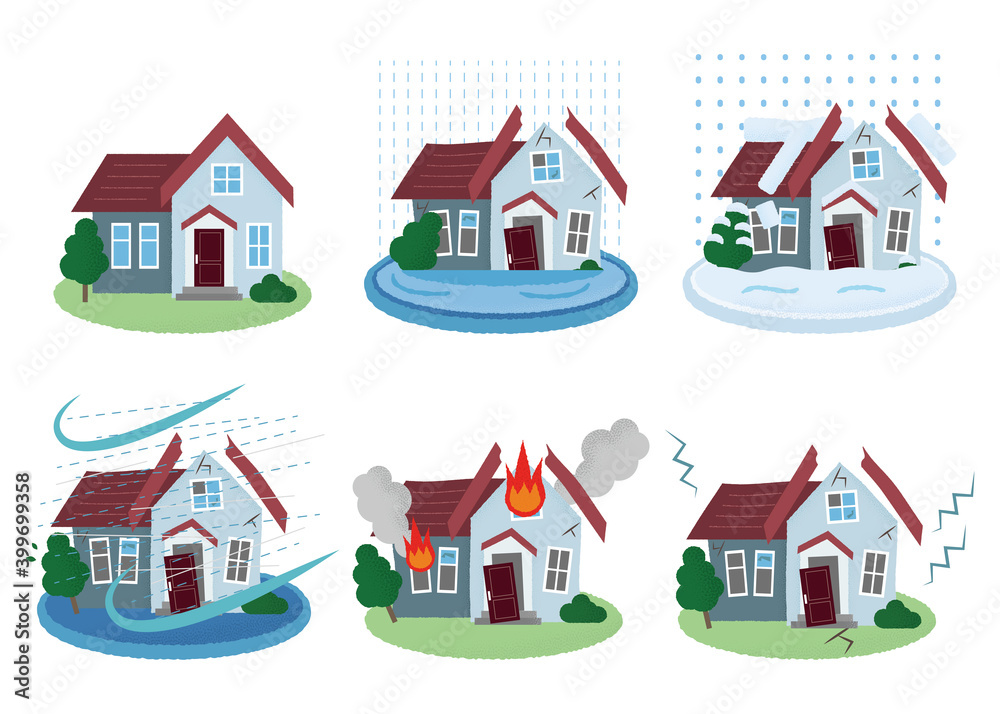 災害に遭う住宅のベクターイラストセット 水害 雪害 台風 火災 地震 Stock Vector Adobe Stock