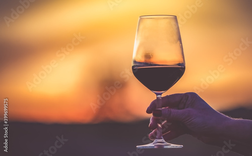 woman with a glass of red wine in a vineyard in autumn at sunset