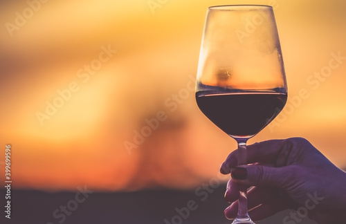 woman with a glass of red wine in a vineyard in autumn at sunset