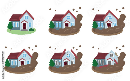 土砂崩れに遭う住宅のベクターイラストセット
