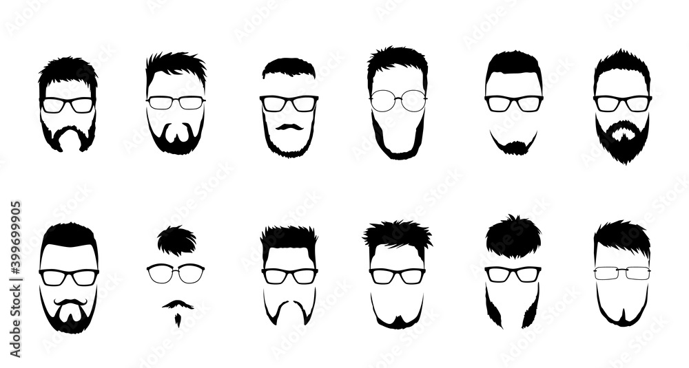 Set of bearded men faces, hipsters with different haircuts, mustaches, beards. Silhouettes, emblems, icons, labels. Set of bearded men faces, hipsters with different haircuts, mustaches, beards. Silhouettes, emblems, icons, labels.