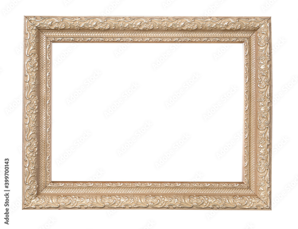 Delicate carved patterned retro gold or soft pink or bronze thin wooden frame for photos, text, images or paintings isolated on a white background Delicate carved patterned retro gold or soft pink or bronze thin wooden frame for photos, text, images or paintings isolated on a white background