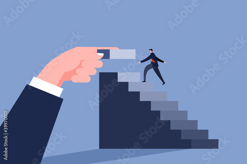 Conceptual illustration of a hand adding up stairs at the top as a businessman climbs up