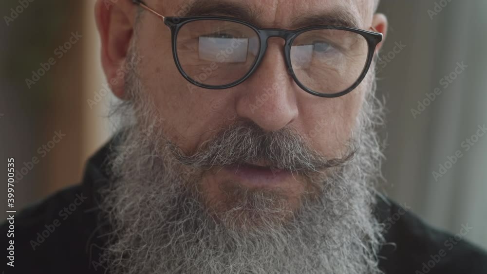 Tilting up close-up of smart senior Caucasian man with heavy silver beard talking, laptop screen reflecting in glasses Tilting up close-up of smart senior Caucasian man with heavy silver beard talking, laptop screen reflecting in glasses
