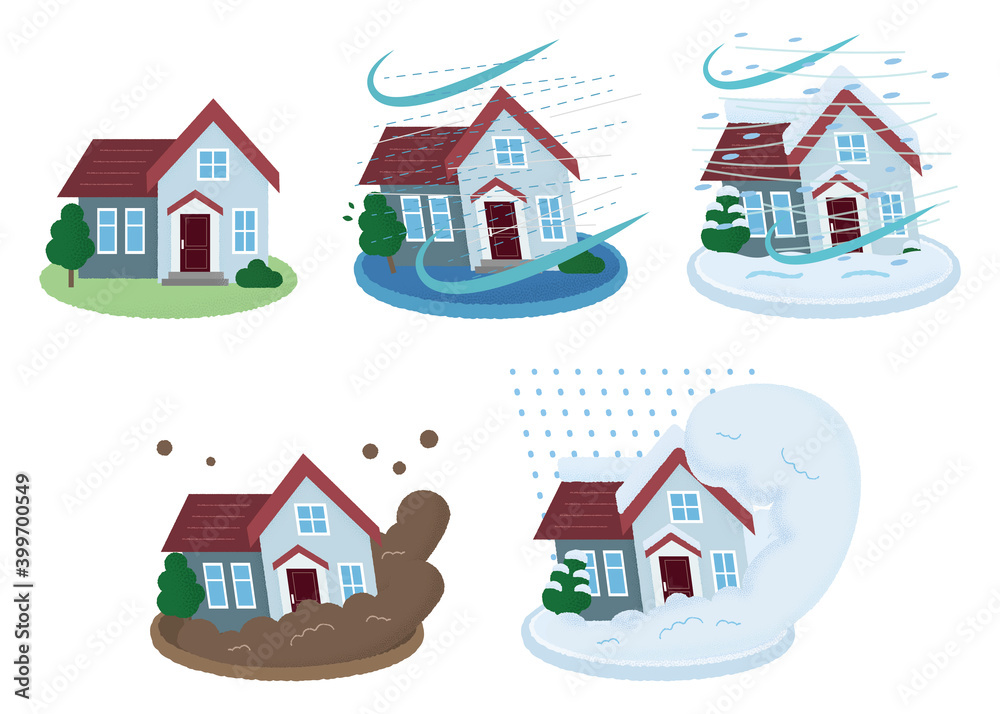 Fototapeta premium 災害に遭う住宅のベクターイラストセット 台風・雪害・土砂災害・雪崩