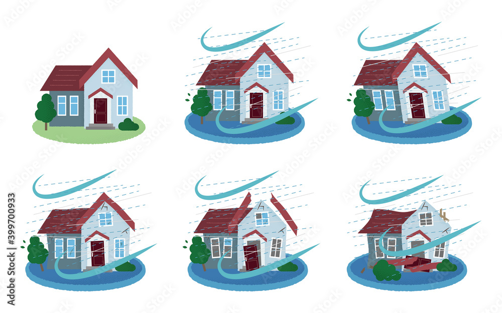 台風の被害に遭う住宅のベクターイラストセット Stock Vector | Adobe Stock