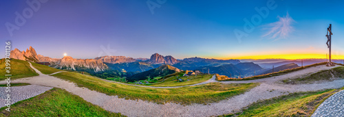 Beautiful sunset panorama of Seceda peak in Dolomite Alps, South Tyrol, Italy, Europe