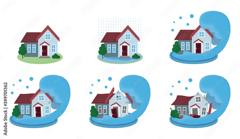 水害に遭う住宅のベクターイラストセット Stock Vector | Adobe Stock