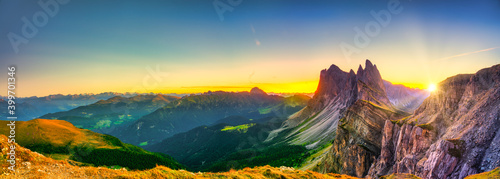 Beutiful sunset panorama of Seceda mountain peak. Trentino Alto Adige, Dolomites Alps, South Tyrol, Italy, Europe