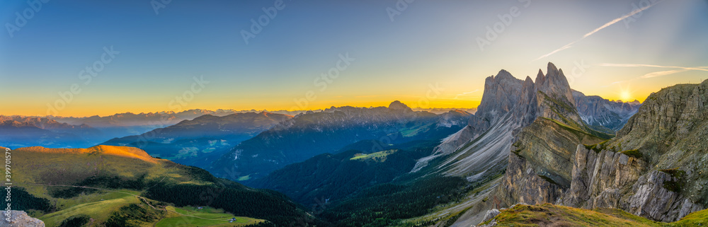Beutiful sunset panorama of Seceda mountain peak. Trentino Alto Adige, Dolomites Alps, South Tyrol, Italy, Europe