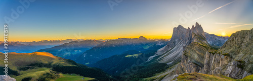 Beutiful sunset panorama of Seceda mountain peak. Trentino Alto Adige, Dolomites Alps, South Tyrol, Italy, Europe © Pawel Pajor