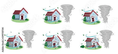 竜巻の被害に遭う住宅のベクターイラストセット	