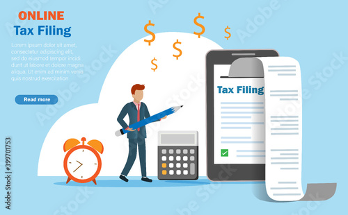 Online income tax filing, tax return and financial technology concept. Businessman report online tax on smart phone with printed document receipt.