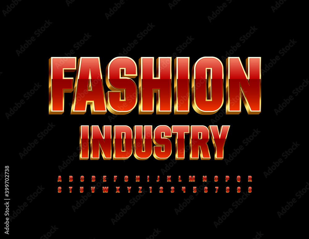 Vector stylish logo Fashion Industry. Elite style Alphabet Letters and Numbers set. Chic 3D Red and Gold Font. Vector stylish logo Fashion Industry. Elite style Alphabet Letters and Numbers set. Chic 3D Red and Gold Font.