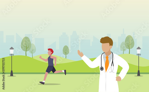 Doctor recommend people jogging, running, exercising in outdoor park for healthy life. Medical and healthcare concept.