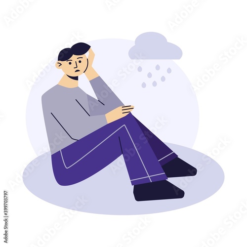 Sad man flat character. Frustrated young man sit on the ground. Broken heart, unhappy love. The concept of frustration, depression, psychotherapy.