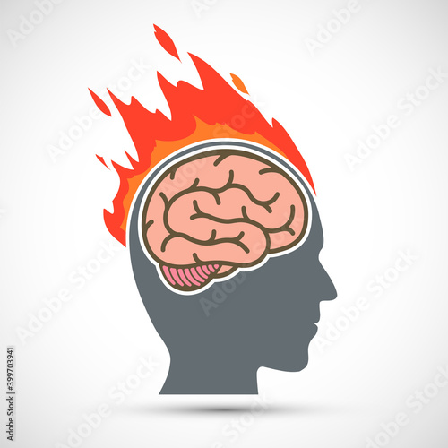 Head with the brain inside is on fire. photo