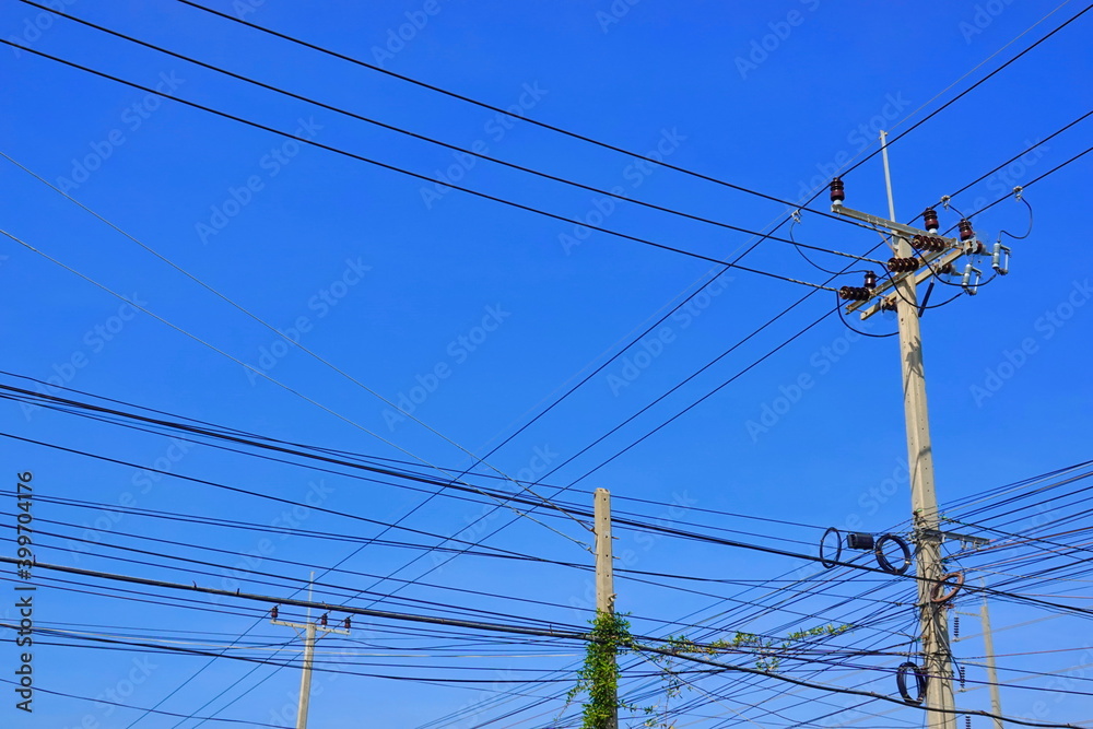 Electric pole urban and busy cable line Electric pole urban and busy cable line