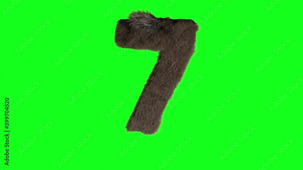 Abstract hairy number 7 seven sign fluffy furry digit green screen chroma key animation 3d