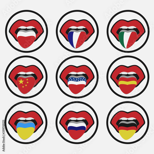 Set of vector languages ​​with flags of different countries.  Icons of the international flags of Germany, Russia, Italy, France, Spain, China, Turkey, China, Poland, USA, Ukraine.  Language learning 