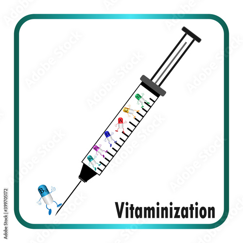 A medical syringe with a needle and medicine inside.  Vitaminization icon.  Treatment and health concept.  Vector illustration on white background