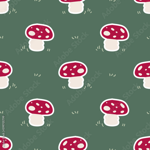 Cute gender neutral toadstool vector pattern. Fungi fly agaric home decor cartoon mushroom. Seamless boho poisonous mycology all over print. 