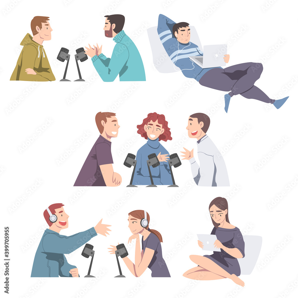 Fototapeta premium People Talking to Microphones Recording Podcast Set, Radio Hosts Communicating in Studio Cartoon Style Vector Illustration