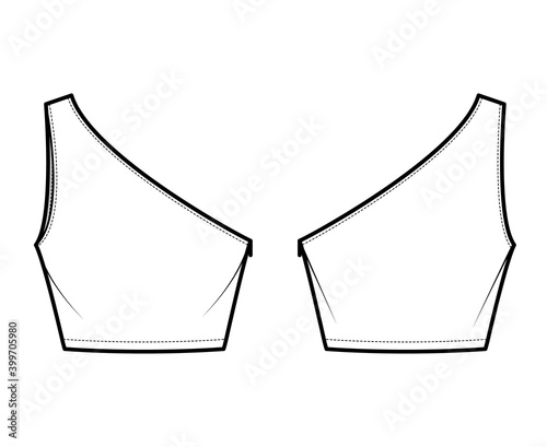 One-shoulder crop top tank technical fashion illustration with fitted slim body, waist length. Flat outwear shirt apparel template front, back, white color. Women, men unisex CAD mockup