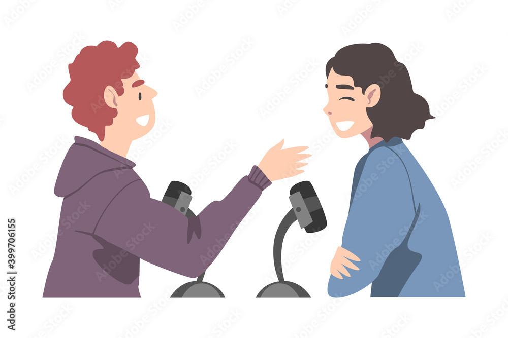 Man and Woman Recording Podcast, Radio Host Interviewing Guest in Studio on Air, Podcasting Cartoon Style Vector Illustration Man and Woman Recording Podcast, Radio Host Interviewing Guest in Studio on Air, Podcasting Cartoon Style Vector Illustration