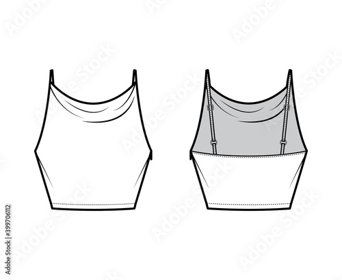 Tank high cowl Crop Camisole technical fashion illustration with thin adjustable straps, slim fit, waist length. Flat outwear top template front, back, white color. Women men unisex CAD mockup