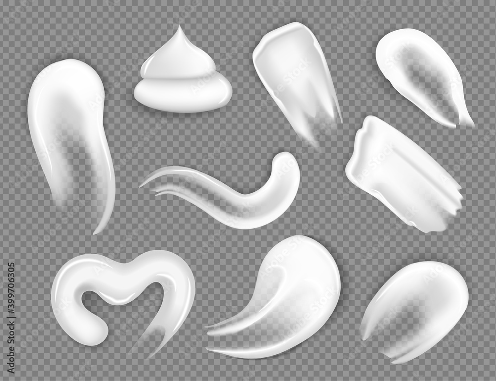 Cream strokes. Set of different realistic cosmetic creams on a transparent background, elements for product design. Mockup objects. Cream strokes. Set of different realistic cosmetic creams on a transparent background, elements for product design. Mockup objects.