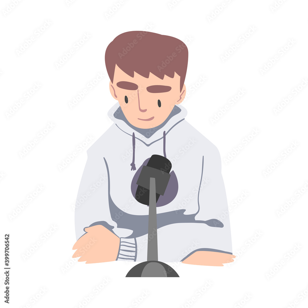 Young Man Recording Audio Podcast with Microphone Cartoon Style Vector Illustration Young Man Recording Audio Podcast with Microphone Cartoon Style Vector Illustration