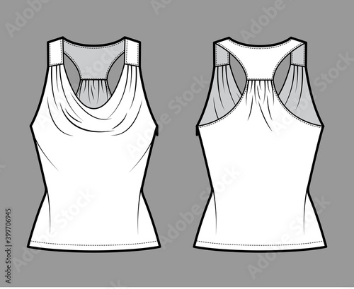 Tank racerback cowl top technical fashion illustration with ruching, fitted body, tunic length. Flat apparel outwear shirt template front, back, white color. Women, men unisex CAD mockup