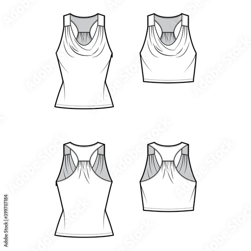 Set of Tanks racerback cowl crop tops technical fashion illustration with ruching, fitted body, waist and tunic length. Flat outwear shirt template front back white color. Women, men unisex CAD mockup