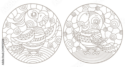 Set of outline illustrations in the style of stained glass with abstract parakeets , dark outlines on white background, round images