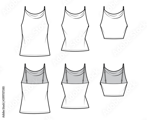 Set of Tanks high cowl Camisole technical fashion illustration with empire seam, thin adjustable straps, Crop or tunic length, slim or oversized fit. Flat top template front back. Women men CAD mockup