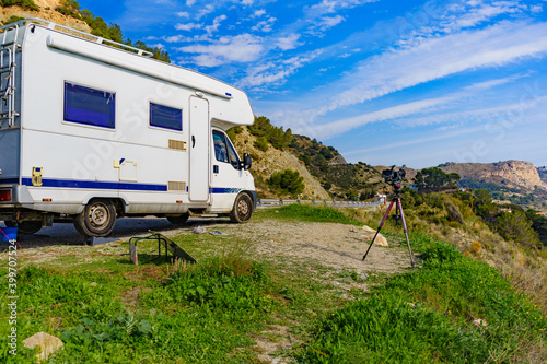 Motor home camping on coast, Spain