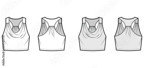 Tank racerback cowl crop top technical fashion illustration with ruching, oversized, waist length. Flat apparel outwear shirt template front, back, white grey color. Women, men unisex CAD mockup