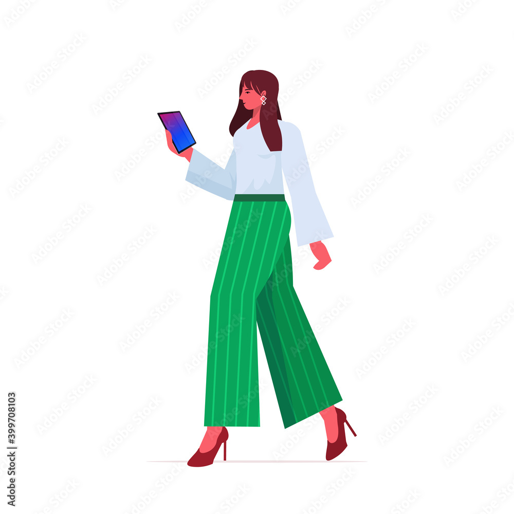 businesswoman leader in formal wear using tablet pc successful business woman standing pose leadership best boss concept female office worker full length vector illustration