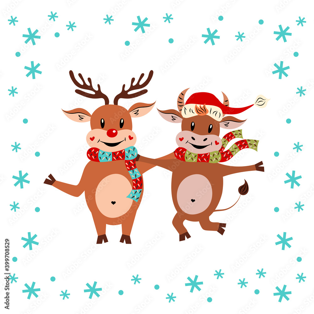 Cute Christmas Reindeer and bull. Cartoon character and snowflakes. Happy New Year. Copy space. Flat design. Vector illustration. A funny animal. The isolated image white background. Template