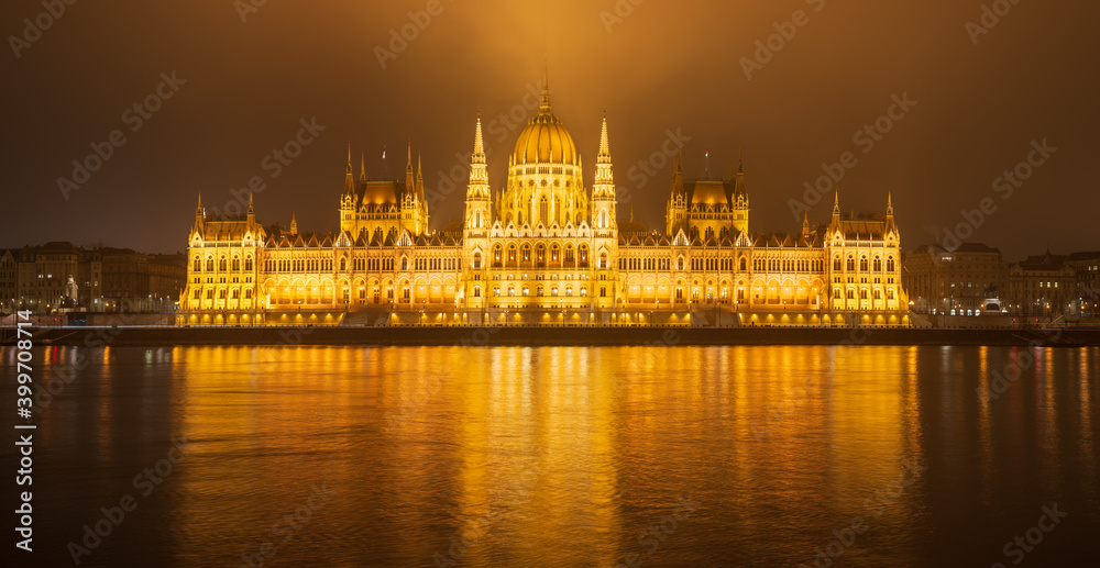 Hungarian parliament at night in Budapest. Europe